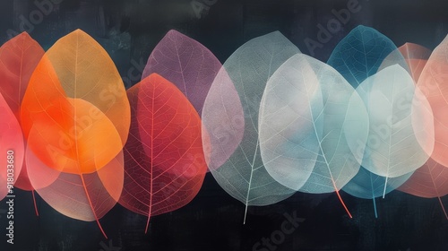 Colorful Translucent Leaves on Dark Background in Artistic Arrangement