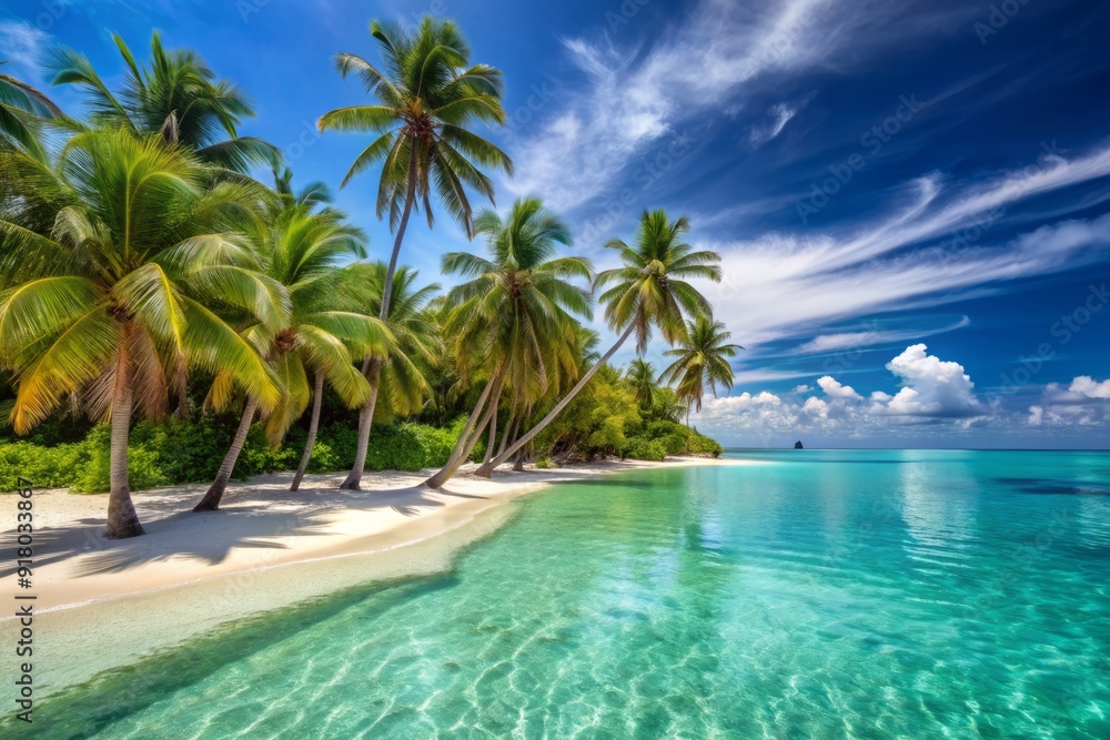 Idyllic tropical haven featuring swaying palm trees, crystal-clear turquoise lagoon, and powdery white sand, exuding tranquility and relaxation in a paradise setting. Idyllic tropical haven featuring swaying palm trees, crystal-clear turquoise lagoon, and powdery white sand, exuding tranquility and relaxation in a paradise setting.
