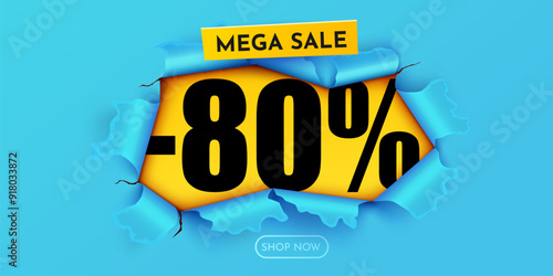 Yellow ripped paper. 80 Percent Off. Mega Sale Banner.