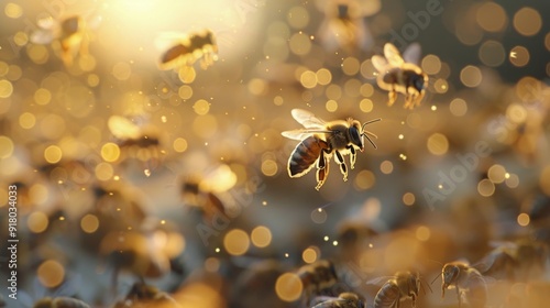 Honeybee Collecting Nectar at Sunset in a Flowering Field