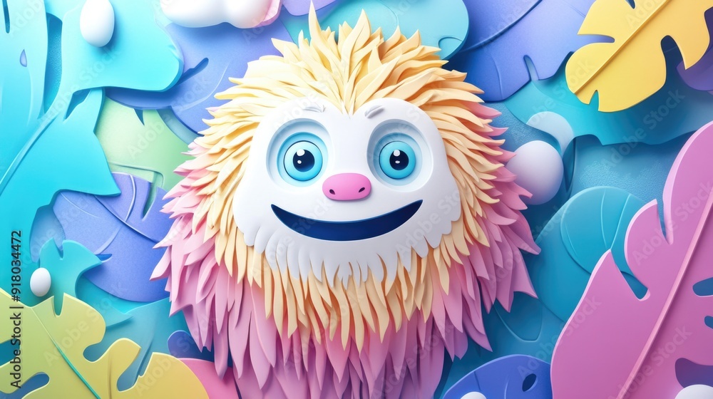 Naklejka premium paper cut style illustration yeti colorful 3d filed green hills whimsical clouds