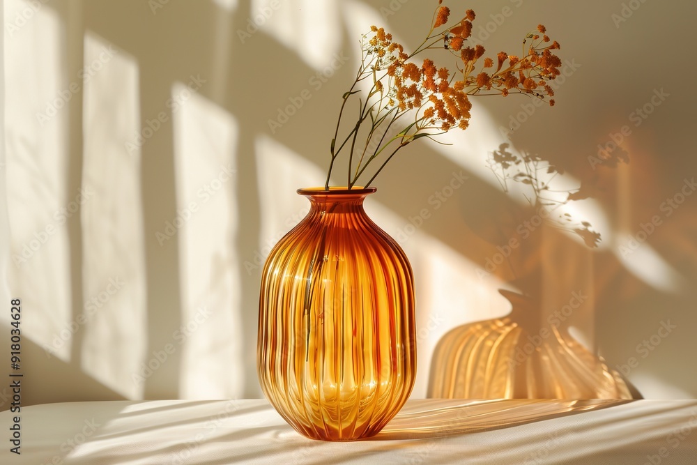 Warm light casting ribbed shadows from amber reeded glass vase w Warm light casting ribbed shadows from amber reeded glass vase w