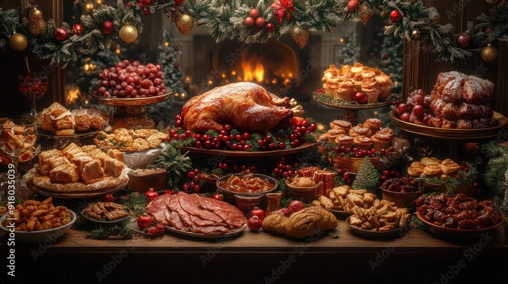 Festive Holiday Food Scene Highlighting an Assortment of Seasonal Delicacies Festive Holiday Food Scene Highlighting an Assortment of Seasonal Delicacies