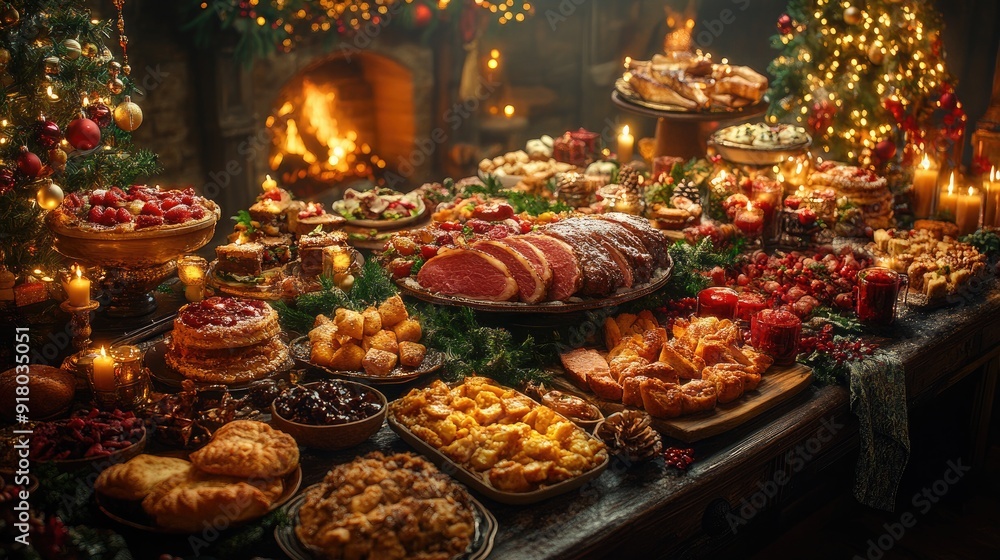 Festive Holiday Food Scene Highlighting an Assortment of Seasonal Delicacies Festive Holiday Food Scene Highlighting an Assortment of Seasonal Delicacies