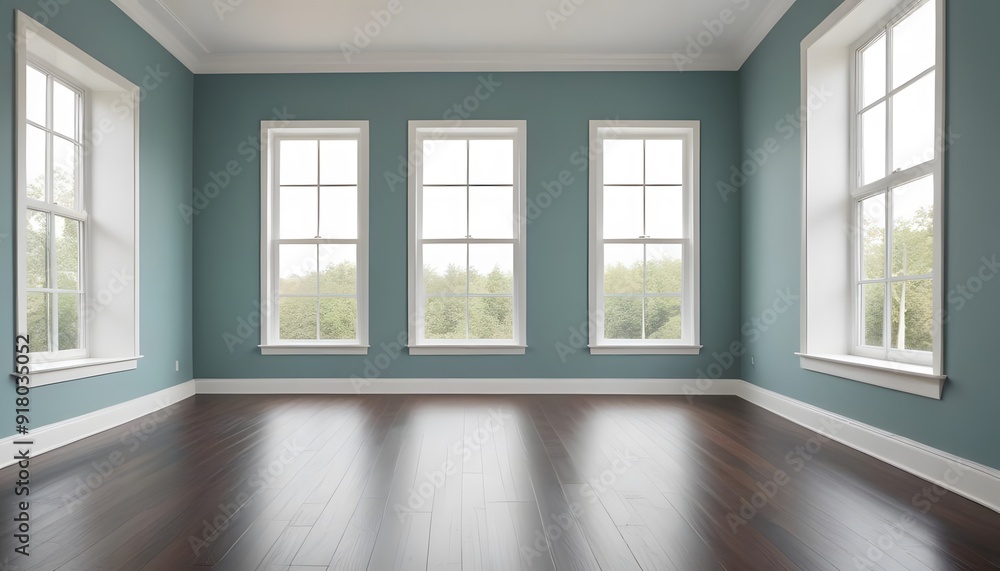 Fototapeta premium Empty room with large windows, hardwood floors, and white walls