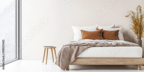 Modern Scandinavian luxury bedroom interiors with an elegant bed and minimal decoration next to a large window.