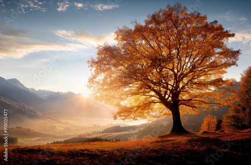 Solitary Tree With Orange Leaves on a Hill at Sunset in Autumn