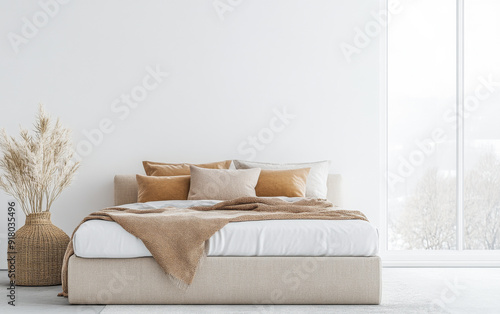 Modern Scandinavian luxury bedroom interiors with an elegant bed and minimal decoration next to a large window.