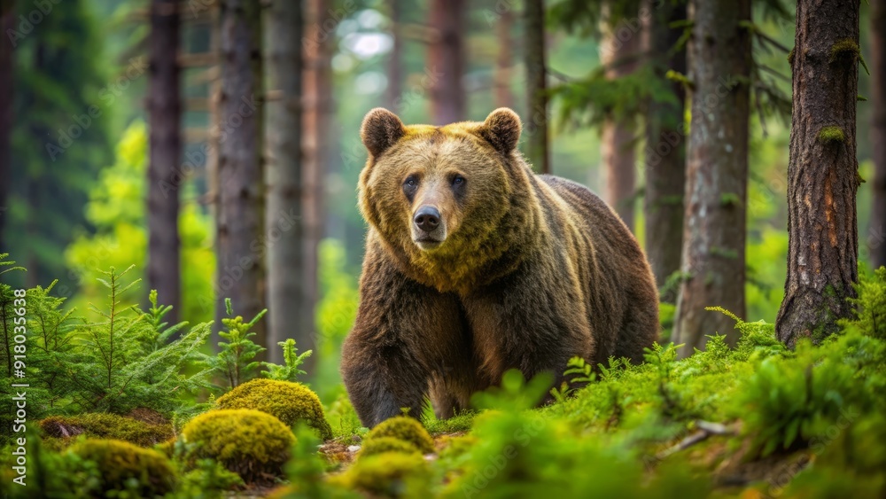 Fototapeta premium A massive brown bear roams a lush forest, its curious eyes scanning the surroundings, searching for berries, nuts, or fish to satiate its growling hunger.