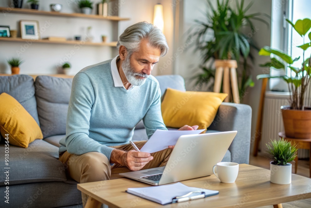 A mature adult sits comfortably at home, intently focused on a laptop, surrounded by notes and papers, solving complex problems in a quiet atmosphere. A mature adult sits comfortably at home, intently focused on a laptop, surrounded by notes and papers, solving complex problems in a quiet atmosphere.