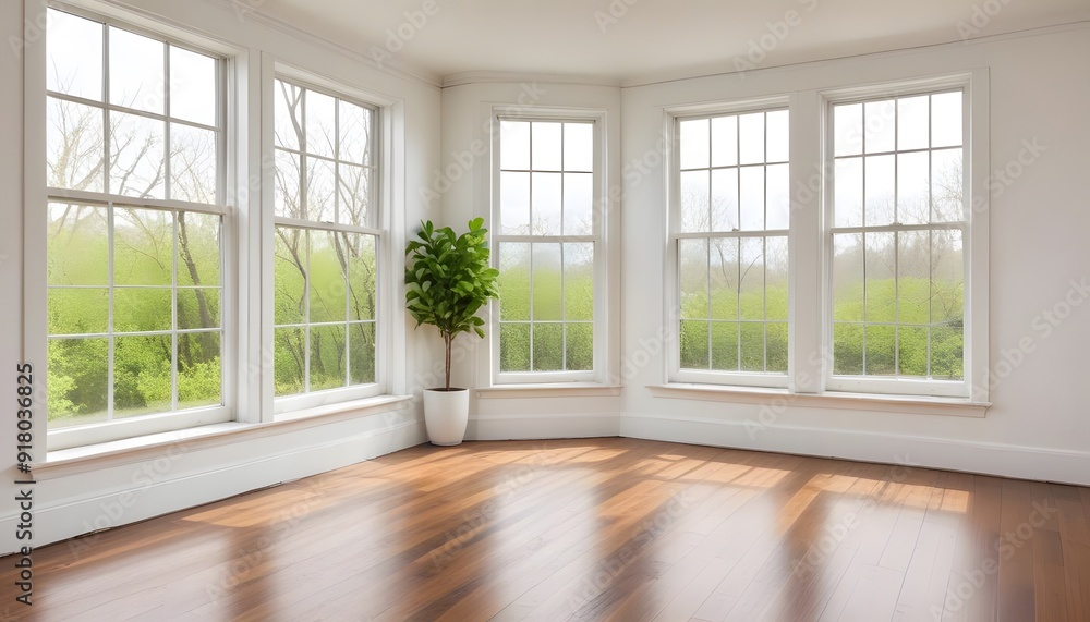 Fototapeta premium Empty room with large windows, hardwood floors, and natural lighting