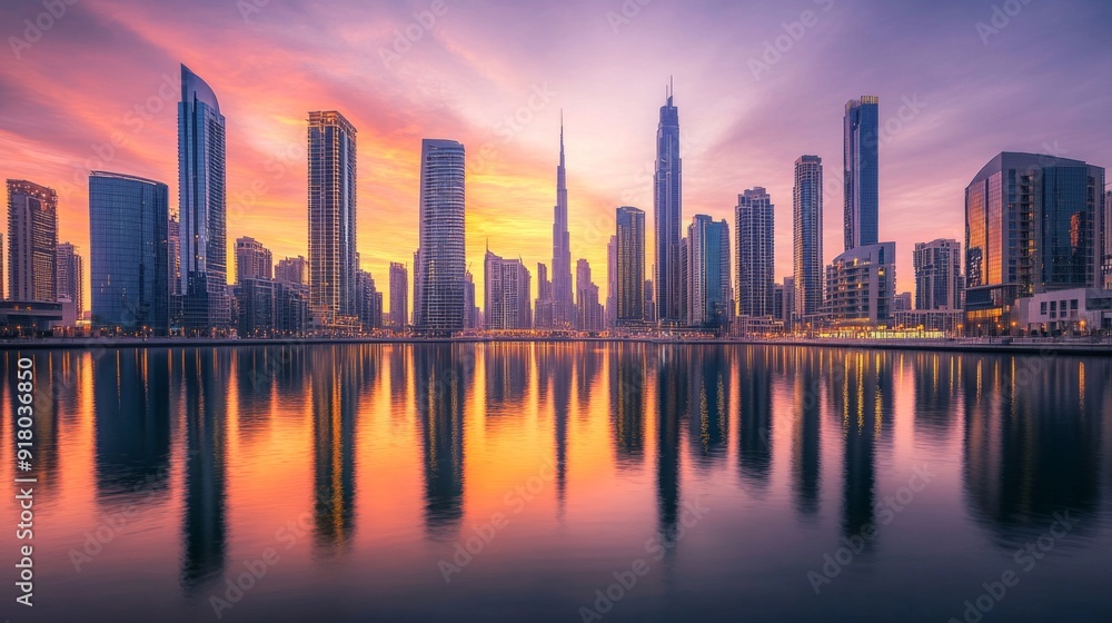A panoramic view of tall skyscrapers reflecting in a river at sunset, with the city skyline illuminated and the water creating a stunning mirror effect. A panoramic view of tall skyscrapers reflecting in a river at sunset, with the city skyline illuminated and the water creating a stunning mirror effect.