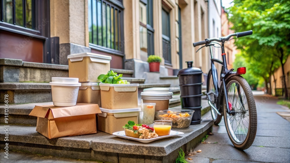 A variety of takeout containers and bags from different restaurants are scattered on a doorstep, with a bicycle or scooter in the background. A variety of takeout containers and bags from different restaurants are scattered on a doorstep, with a bicycle or scooter in the background.