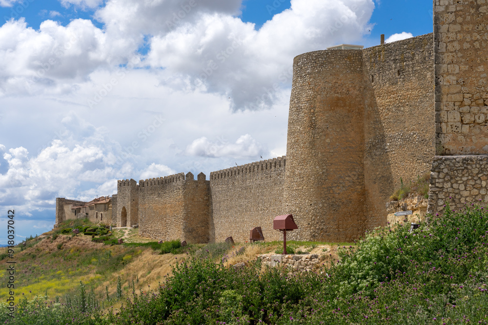 Panoramic view of the medieval walls of the village of book of Uruena with green fields in spring. Village of book. Panoramic view of the medieval walls of the village of book of Uruena with green fields in spring. Village of book.