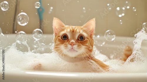 A cheerful cat splashing in a bathtub, playfully batting at floating soap bubbles during fun bath time.