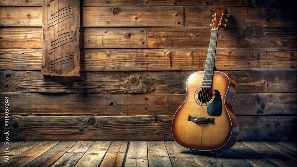 Acoustic guitar leaning against a rustic wooden wall, surrounded by musical notes and lyrics, exuding a warm, nostalgic, and creative atmosphere. Acoustic guitar leaning against a rustic wooden wall, surrounded by musical notes and lyrics, exuding a warm, nostalgic, and creative atmosphere.