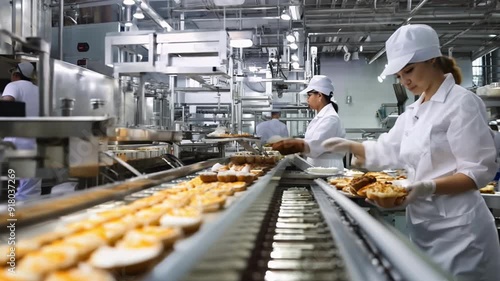 A woman is working in a factory, making cookies. She is wearing a white hat and a white apron