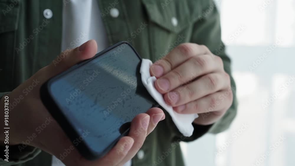 Close-up of a man in a green shirt wiping his phone screen.
Dirty smartphone screen Close-up of a man in a green shirt wiping his phone screen.
Dirty smartphone screen