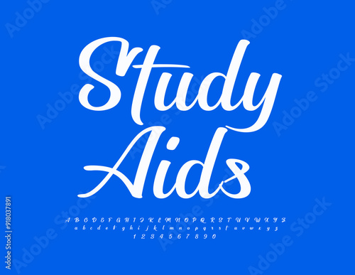 Vector modern sign Study Aids. White Calligraphic Font. Trendy set of Alphabet Letters and Numbers