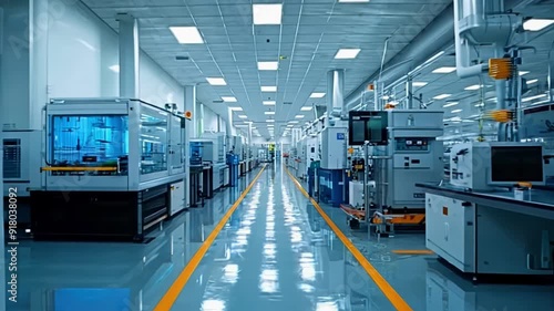 A large industrial building with a long hallway and many machines. Scene is industrial and serious