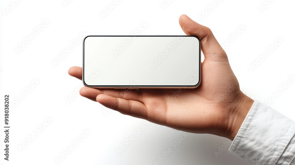 Hand holding a smartphone with a blank screen in a horizontal position, isolated on white background, perfect for mobile phone and technology concepts Generative AI Hand holding a smartphone with a blank screen in a horizontal position, isolated on white background, perfect for mobile phone and technology concepts Generative AI
