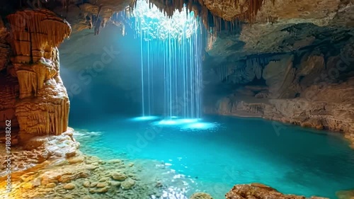 A cave with a waterfall and a pool of water