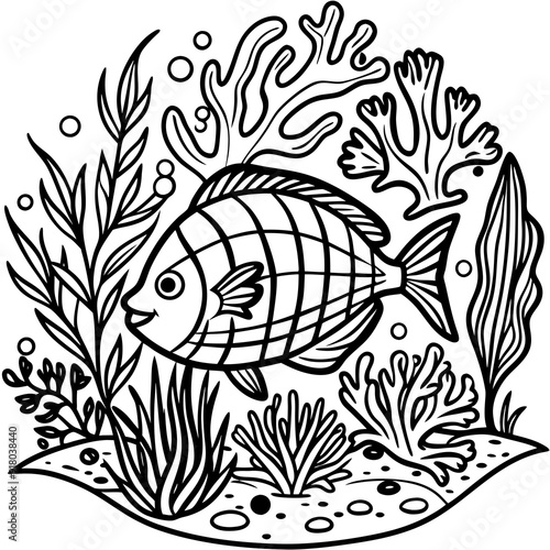 underwater theme with fish, sea creatures, seaweeds and corals on colouring page for kids on vector illustrations