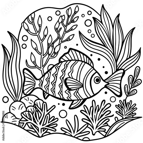 underwater theme with fish, sea creatures, seaweeds and corals on colouring page for kids on vector illustrations