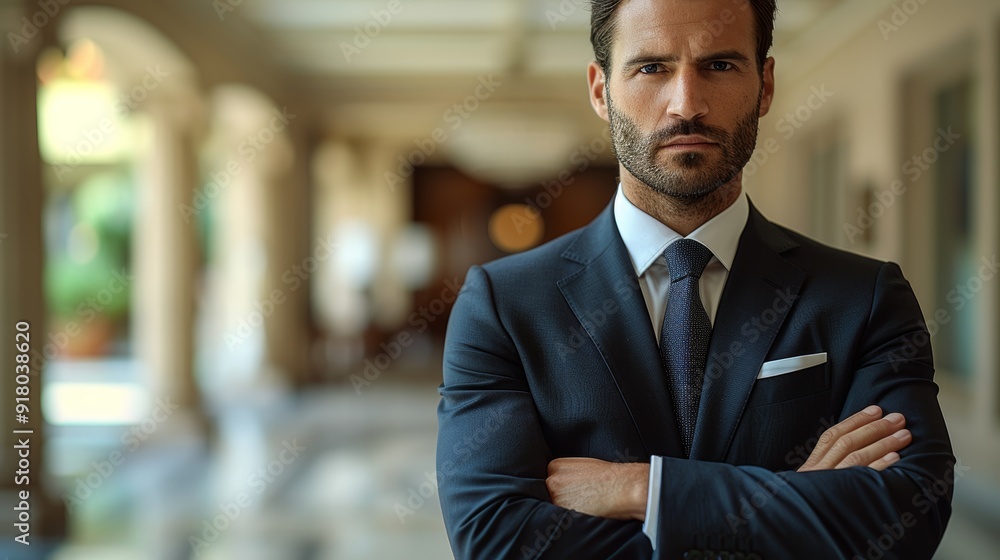 A confident businessman stands with crossed arms in a sophisticated indoor corridor during the day A confident businessman stands with crossed arms in a sophisticated indoor corridor during the day