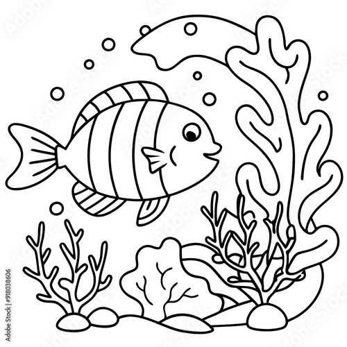 underwater theme with fish, sea creatures, seaweeds and corals on colouring page for kids on vector illustrations