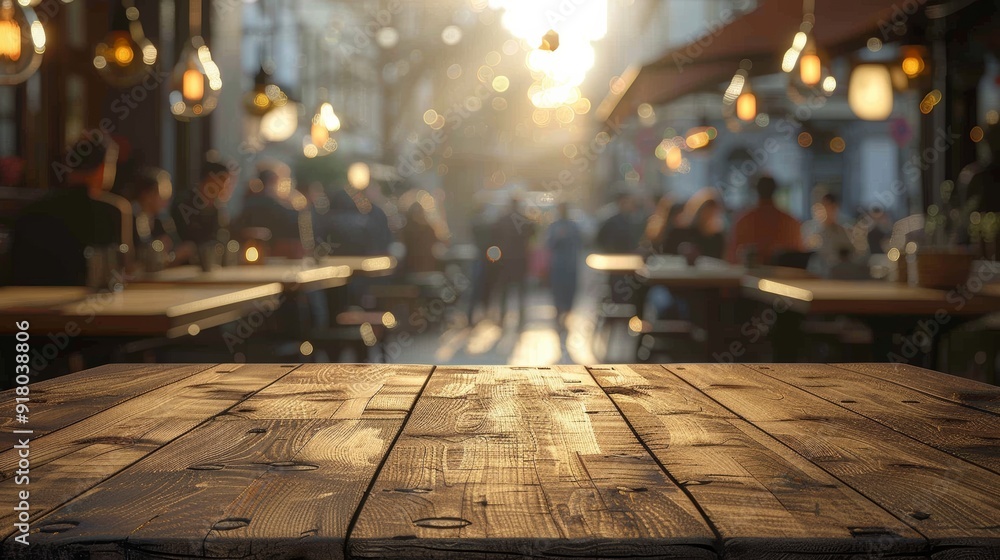 Outdoor dining area at sunset with warm lighting and wooden tables in a bustling atmosphere Outdoor dining area at sunset with warm lighting and wooden tables in a bustling atmosphere