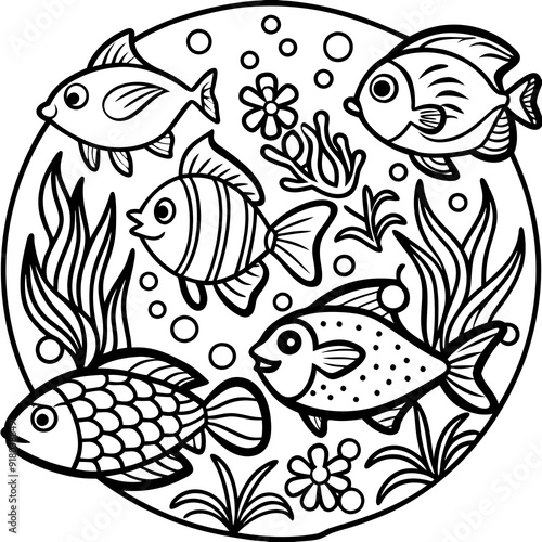 underwater theme with fish, sea creatures, seaweeds and corals on colouring page for kids on vector illustrations