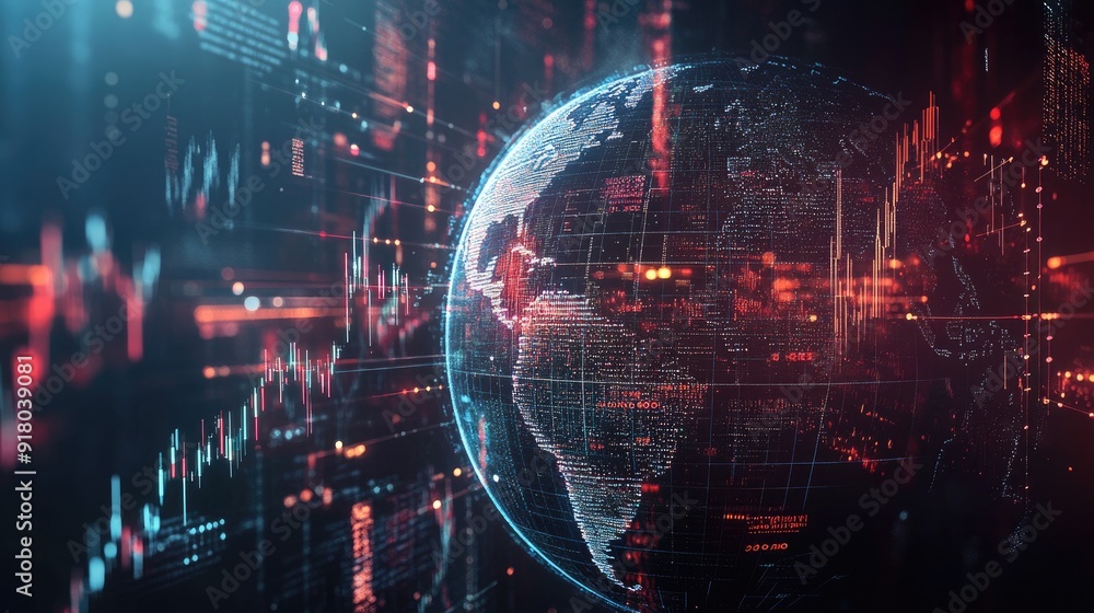 Fototapeta premium A globe surrounded by financial network lines, symbolizing global stock market connections and economic systems.