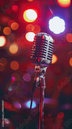 Close-up of vintage silver microphone on stand against blurred multicolored lights. Vibrant and thrilling atmosphere captured in the image.