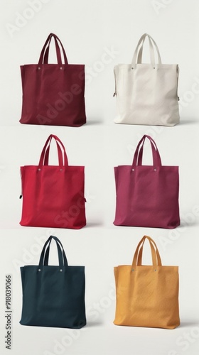 Image shows six handbags in red, dark green, blue, purple, orange, and white, with two handles each. Bags vary in material and texture.