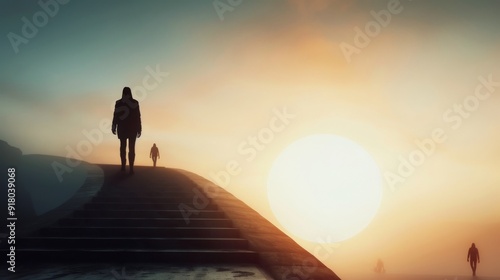 Silhouetted Figures Walking on Pathway at Sunrise