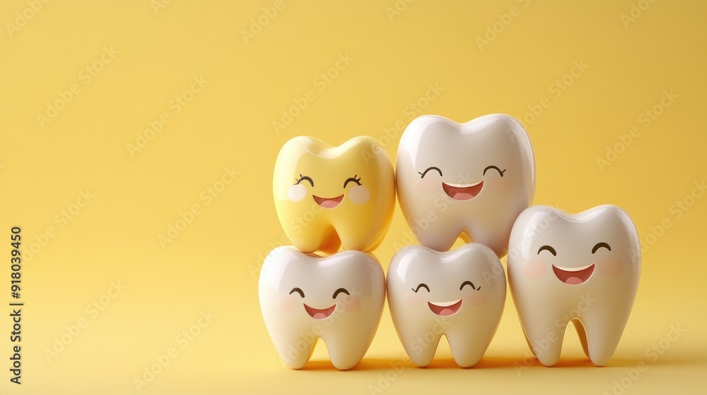 A group of smiling tooth characters on a solid color background, emphasizing family-friendly dental care. A group of smiling tooth characters on a solid color background, emphasizing family-friendly dental care.