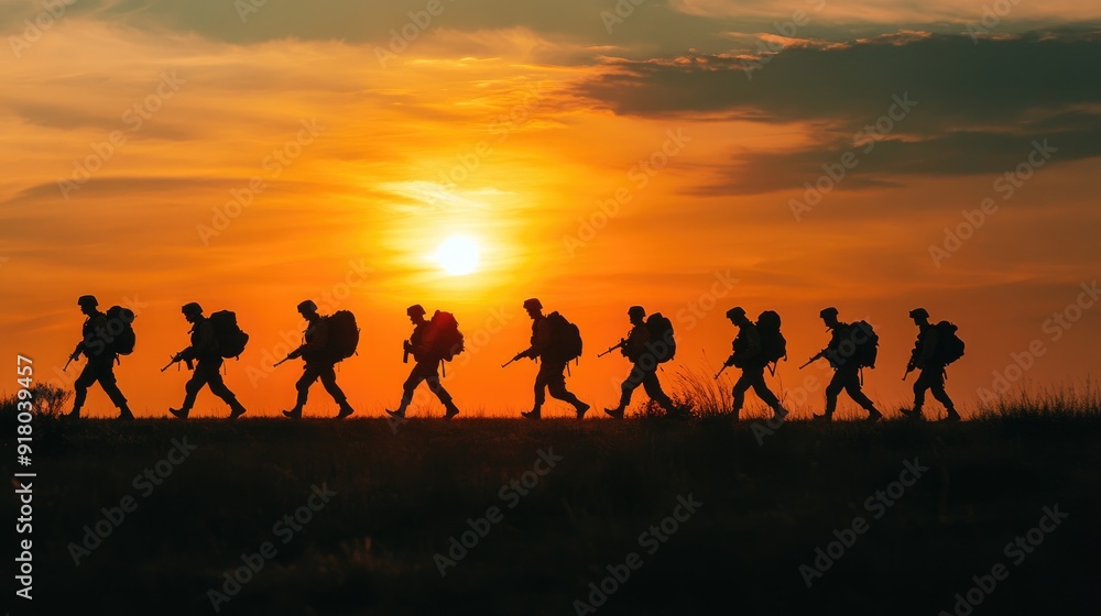 A group of soldier silhouettes walking at dusk, framed by the rich colors of the setting sun, conveying a sense of duty and honor A group of soldier silhouettes walking at dusk, framed by the rich colors of the setting sun, conveying a sense of duty and honor