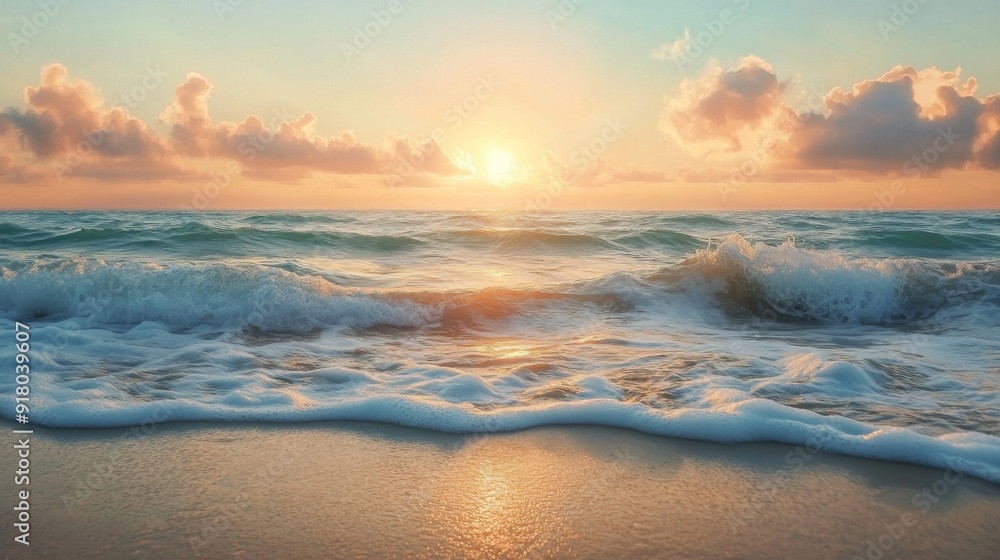 A serene coastal scene with the sun rising above the horizon, casting soft, warm light over gentle waves and creating a peaceful beach setting.