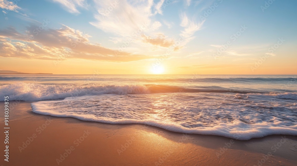 Fototapeta premium A serene coastal scene with the sun rising above the horizon, casting soft, warm light over gentle waves and creating a peaceful beach setting.