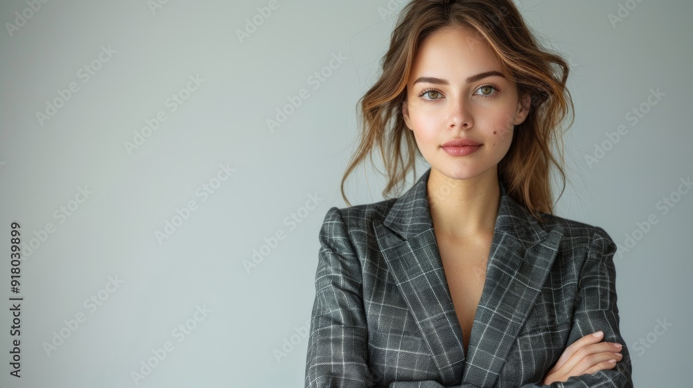 Professional woman posing confidently in a checked blazer against a neutral background Professional woman posing confidently in a checked blazer against a neutral background