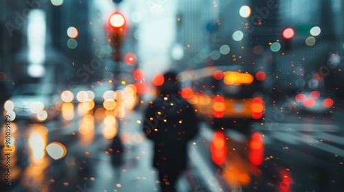 Person Standing in Rainy City Street at Night With Blurred Traffic Lights