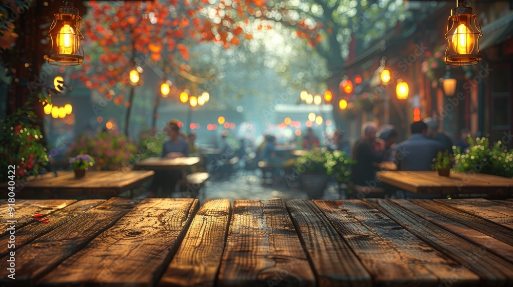 Cozy outdoor cafe with warm lights and autumn foliage in the late afternoon Cozy outdoor cafe with warm lights and autumn foliage in the late afternoon
