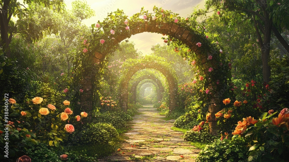 A magical garden scene featuring sunlit flower arches and lush greenery, evoking a sense of enchantment and serenity A magical garden scene featuring sunlit flower arches and lush greenery, evoking a sense of enchantment and serenity