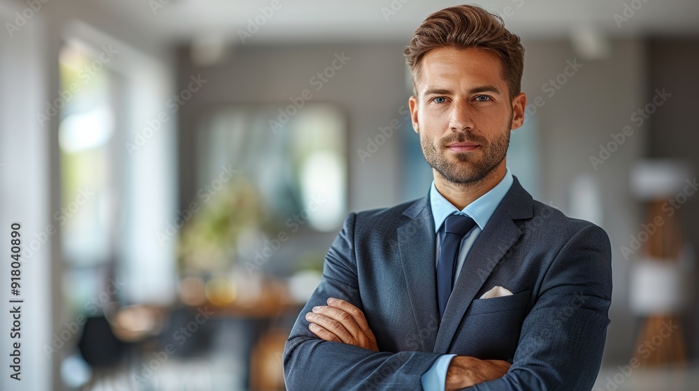 Professional man in a suit poses confidently in a modern office setting during daytime Professional man in a suit poses confidently in a modern office setting during daytime