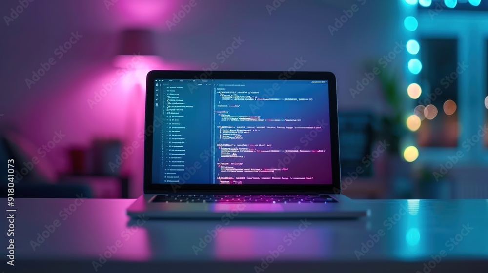 Modern Coding Workspace with Sleek Laptop on Clean Desk Modern Coding Workspace with Sleek Laptop on Clean Desk