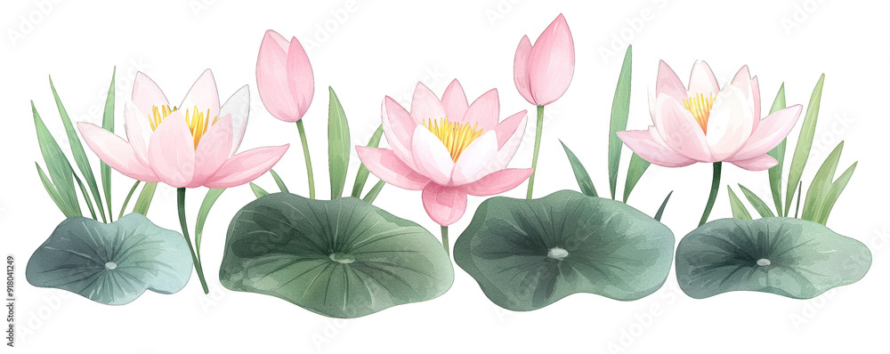 A serene illustration of pink lotus flowers and green lily pads, symbolizing beauty and tranquility in nature. transparent background A serene illustration of pink lotus flowers and green lily pads, symbolizing beauty and tranquility in nature. transparent background