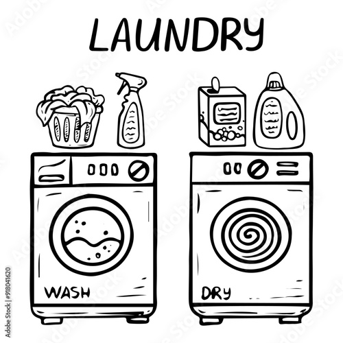 Laundry room hand drawn doodle. Washing and drying machine. Basket of dirty laundry. Clothes cleaning products. Vector outline line art illustration.