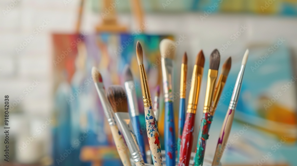 Fototapeta premium Creative Collection of Paintbrushes in Jar with Canvas Background - Artistic Tools for Painting Inspiration