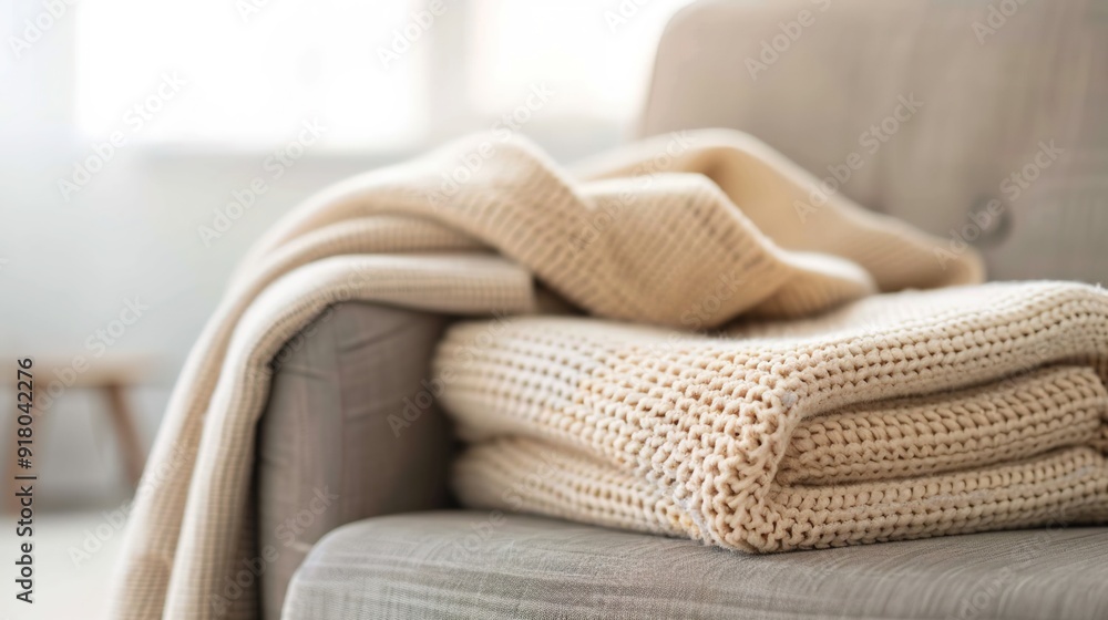 Comfort and Coziness: Soft Blanket Folded on a Plush Chair for Home Relaxation Comfort and Coziness: Soft Blanket Folded on a Plush Chair for Home Relaxation